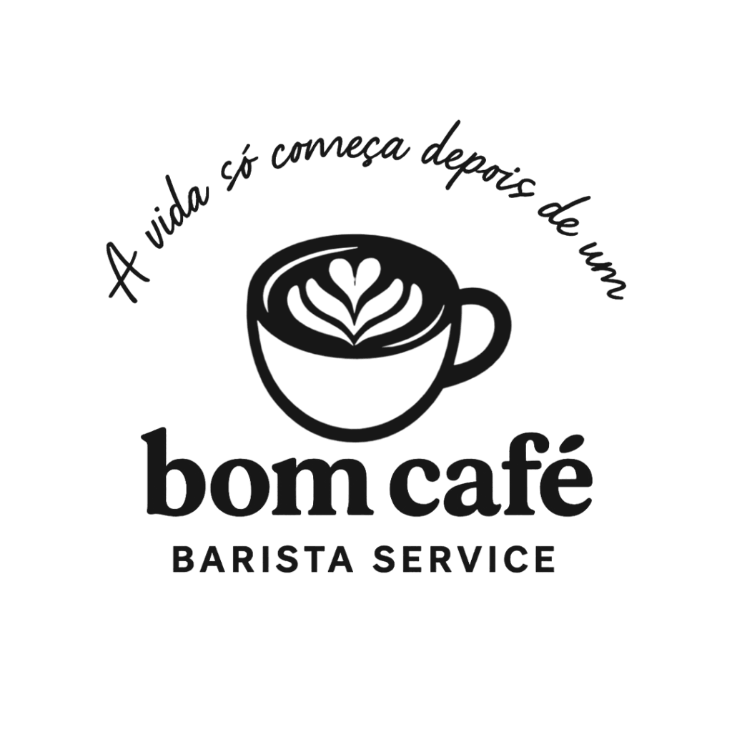 Logotipo Bom Café Barista Service em preto e branco, com o desenho de uma xícara com arte no café e a frase arqueada no topo: A vida só começa depois de um bom café.