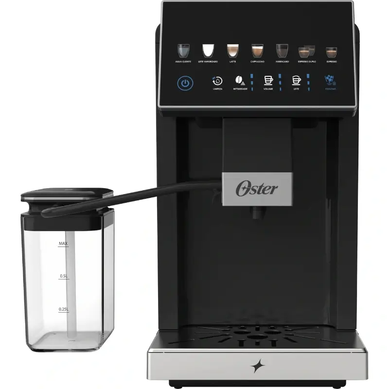 Máquina de café expresso automática Oster preta com detalhes em prata, painel digital iluminado com opções de bebidas e reservatório de leite acoplado, parte do catálogo da Bom Café Eventos.